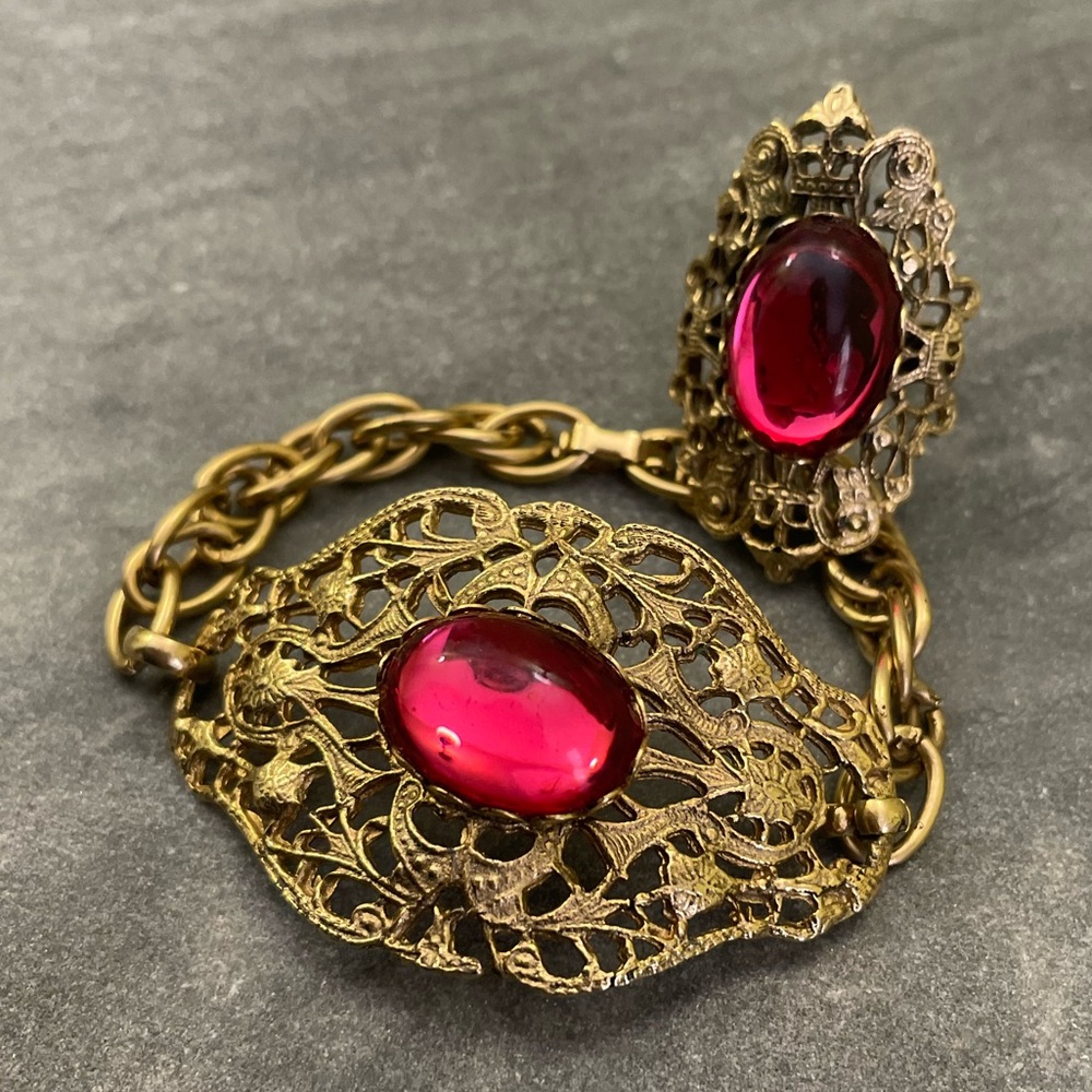Vintage West Germany Gold Filigree Bracelet Red Glass Ring Set - Picture 16 of 16
